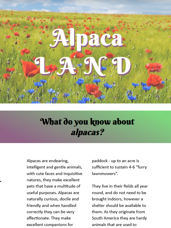 A preview of a page talking about the wonderful world of the alpacas.